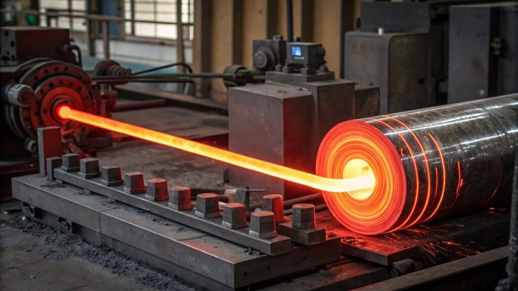 alt with keywords: aluminum being heated to specific temperature for bending with temperature gauge visible